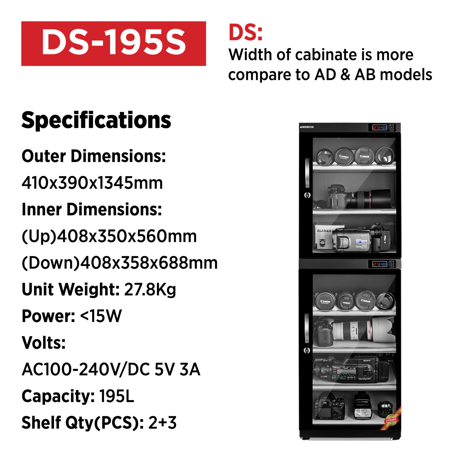 Andbon DS-195S Dry Cabinet and Dehumidifier 195 Ltr - Image 2